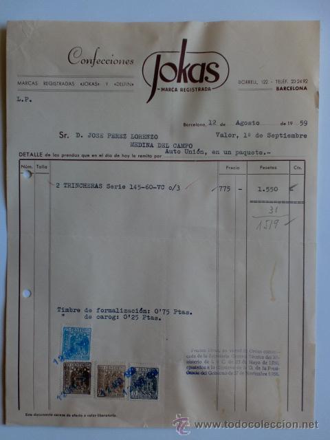 Fatture antiche: FACTURA. BARCELONA. AGOSTO 1959. CONFECCIONES JOKAS, MARCA REGISTRADA.