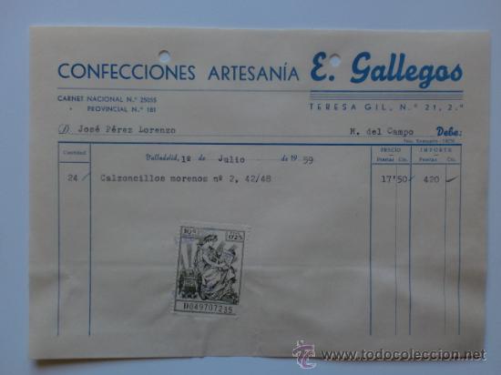 Fatture antiche: FACTURA. VALLADOLID. JULIO 1959. CONFECCIONES ARTESANIA, E. GALLEGOS.