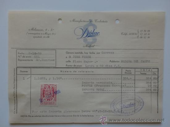 Fatture antiche: FACTURA. MADRID. OCTUBRE 1959. DOLAR. MANUFACTURAS DE CORBATERIA.