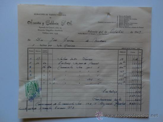 Fatture antiche: FACTURA. PALENCIA. OCTUBRE 1959. AZCOITIA Y CALDERON, S. A. ALMACENES DE TEJIDOS Y PAQUETERIA.