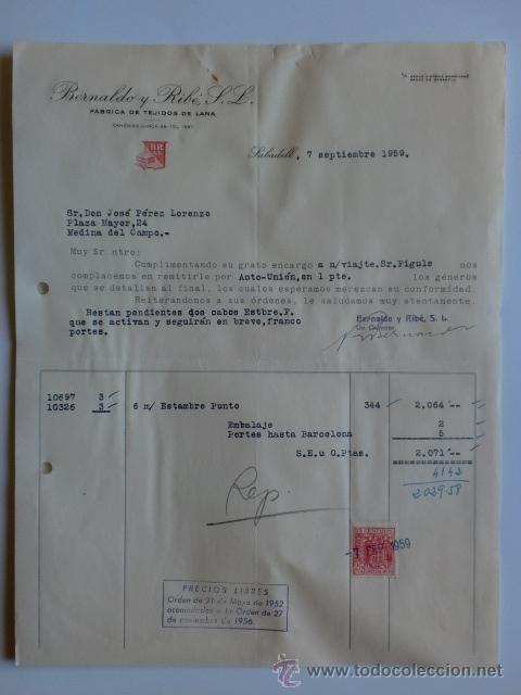 Fatture antiche: FACTURA. SABADELL. SEPTIEMBRE 1959. BERNALDO Y RIBE, S. L. FABRICA DE TEJIDOS DE LANA.