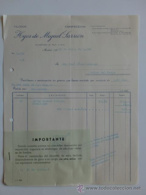 Facturas antiguas: FACTURA. MADRID. JULIO 1960. HIJOS DE MIGUEL SARRION. TEJIDOS, CONFECCION.