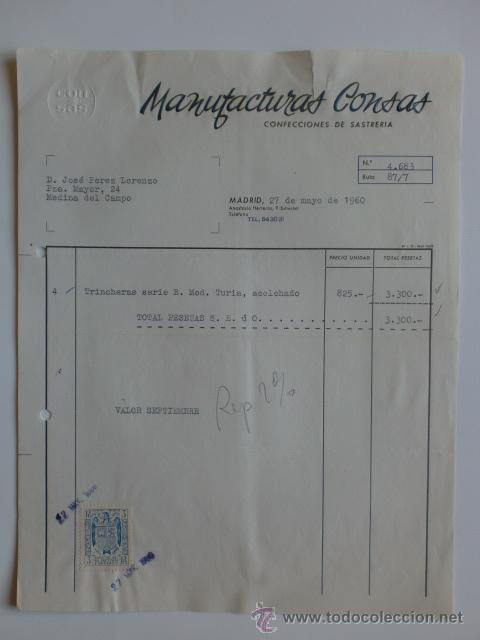 Facturas antiguas: FACTURA. MADRID. MAYO 1960. MANUFACTURAS CONSAS. CONFECCIONES DE SASTRERIA.