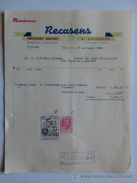 Alte Rechnungen: FACTURA. BARCELONA. NOVIEMBRE 1954. A. RECASENS. MANUFACTURAS. CONFECCIONES CABALLERO.