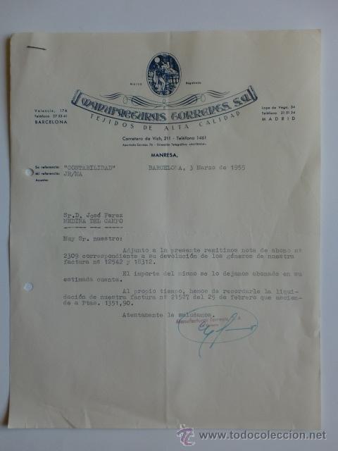 Alte Rechnungen: FACTURA. BARCELONA. MARZO 1955. MANUFACTURAS TORRENTS, S. A. TEJIDOS DE ALTA CALIDAD.