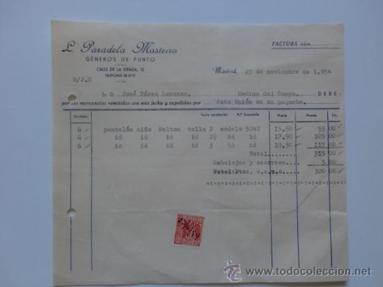Alte Rechnungen: FACTURA. MADRID. NOVIEMBRE 1954. L. PARADELA MOSTEIRO. GENEROS DE PUNTO.