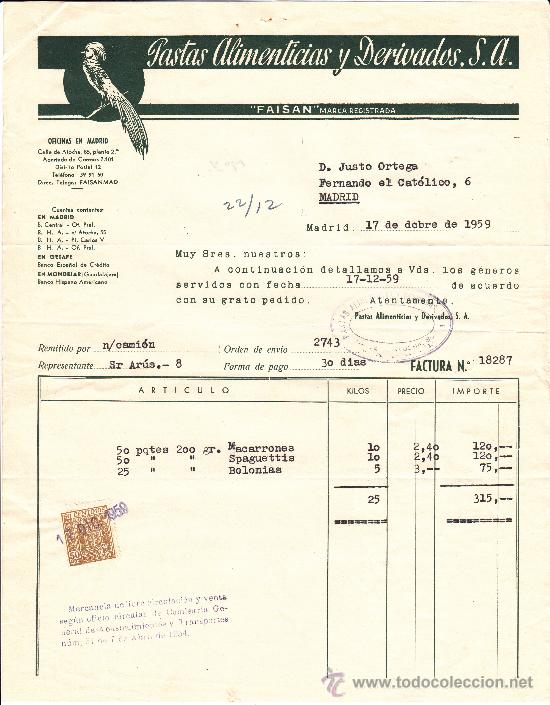 Facturas antiguas: Pastas Alimenticias, Madrid 1959 - Foto 1