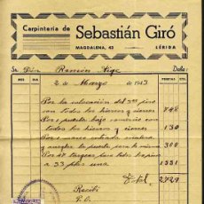 Facturas antiguas: FACTURA DE SEBASTIAN GIRO, CARPINTERIA DE LLEIDA. Lote 31107165