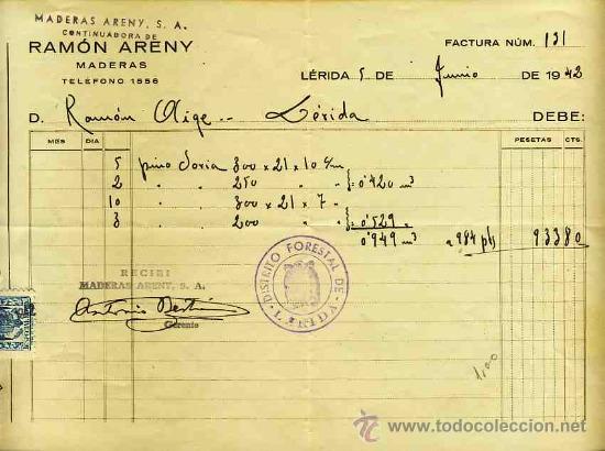 Facturas antiguas: Factura de RAMON ARENY, constructora de maderas, de LLEIDA - Foto 1