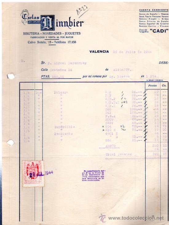 Old Invoices: FACTURA F&Aacute;BRICA JUGUETES CARLOS DINNBIER, VALENCIA, 1944, PULSERA, IMPERDIBLE, PENDIENTE.