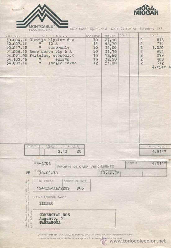 Facturas antiguas: Factura de Montcable - Barcelona - a&ntilde;o 1978 - Foto 1