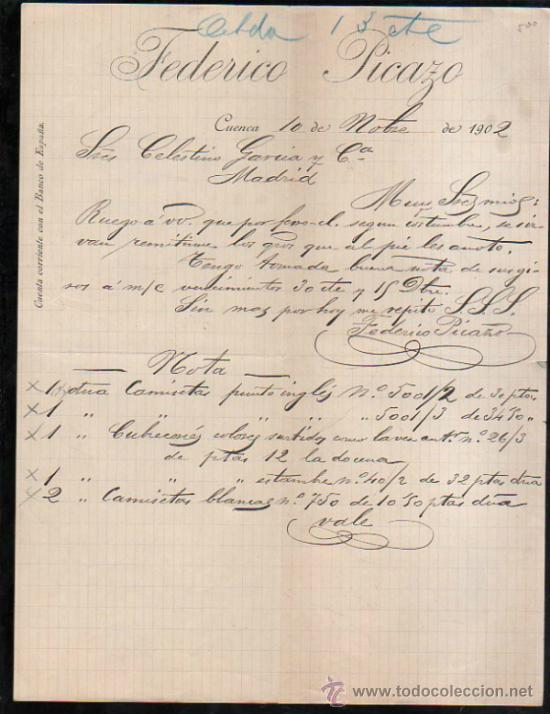 Facturas antiguas: CUENCA. FACTURA DE FEDERICO PICAZO. 1902 - Foto 1