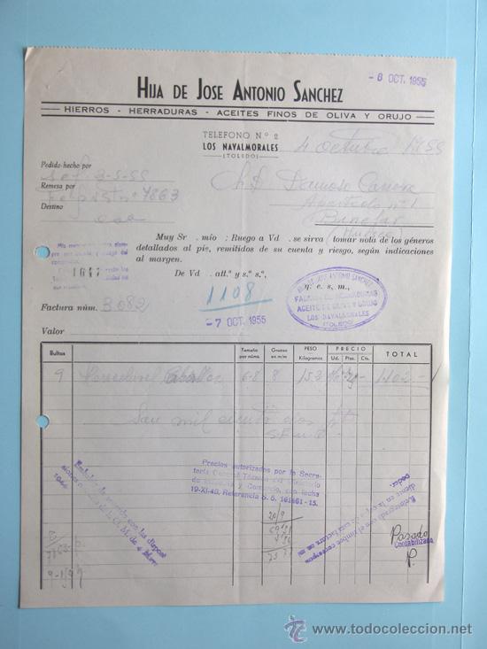 Facturas antiguas: LOS NAVALMORALES / FACTURA HERRADURAS - ACEITES DE OLIVA Y ORUJO -HIJA DE J.ANTONIO SANCHEZ / TOLEDO