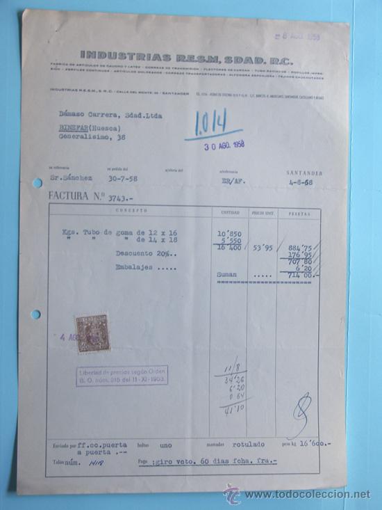 Facturas antiguas: SANTANDER / FACTURA INDUSTRIAS RESM -ARTICULOS DE CAUCHO Y LATEX / A&Ntilde;O 1958