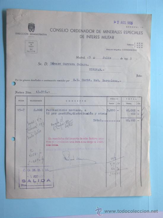 Facturas antiguas: FACTURA / CONSEJO ORDENADOR DE MINERALES ESPECIALES DE INTERES MILITAR / MADRID 1955