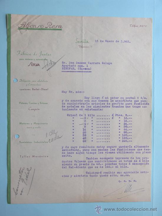 Facturas antiguas: SEVILLA / FACTURA ALFONSO RESA -FABRICA DE JUNTAS PARA MOTORES / A&Ntilde;O 1942