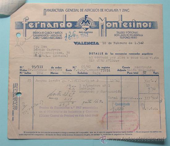 Facturas antiguas: VALENCIA / FACTURA FERNANDO MONTESINOS -FABRICA DE CUBOS Y BA&Ntilde;OS GALVANIZADOS / A&Ntilde;O 1942