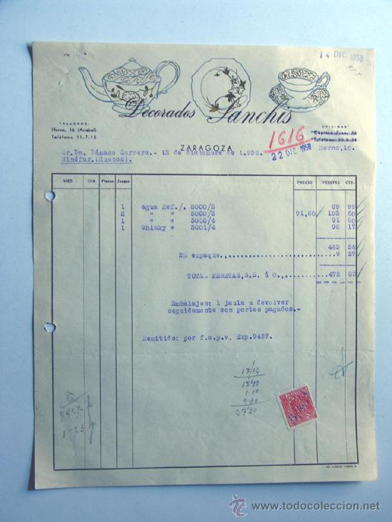 Facturas antiguas: ZARAGOZA / FACTURA DECORADOS SANCHIS A&Ntilde;O 1958