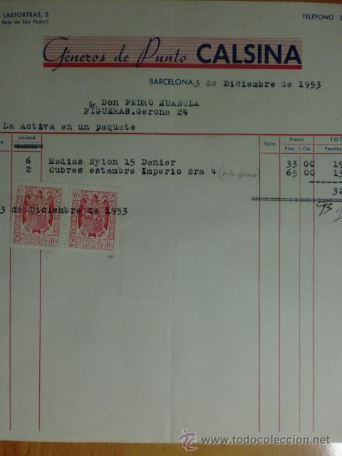 Factures anciennes: FACTURA. BARCELONA. DICIEMBRE 1953. GENEROS DE PUNTO CALSINA.