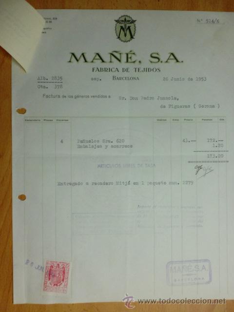 Alte Rechnungen: FACTURA. BARCELONA. JUNIO 1953. MA&Ntilde;E, S. A.