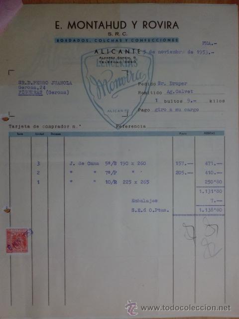 Alte Rechnungen: FACTURA. ALICANTE . NOVIEMBRE 1953. E. MONTAHUD Y ROVIRA. BORDADOS, COLCHAS Y CONFECCIONES.