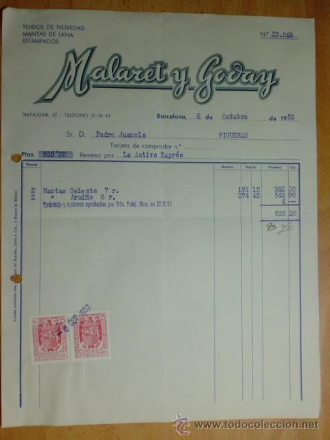 Alte Rechnungen: FACTURA. BARCELONA. OCTUBRE 1953. MALARET Y GODAY. TEJIDOS DE NOVEDAD, MANTAS DE LANA, ESTAMPADOS.