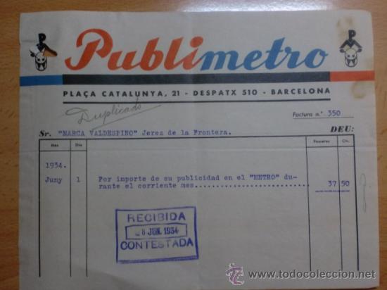 Facturas antiguas: FACTURA. BARCELONA. JUNIO 1934. PUBLIMETRO. - Foto 1
