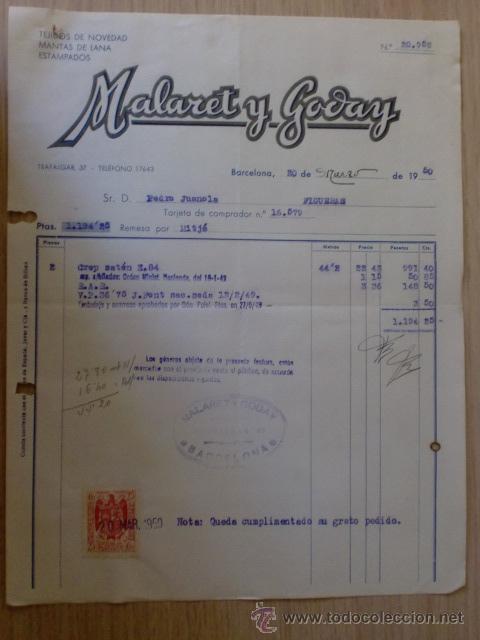 Factures anciennes: FACTURA. BARCELONA. MARZO 1950. MALARET Y GODAY. TEJIDOS DE NOVEDAD, MANTAS DE LANA, ESTAMPADOS.