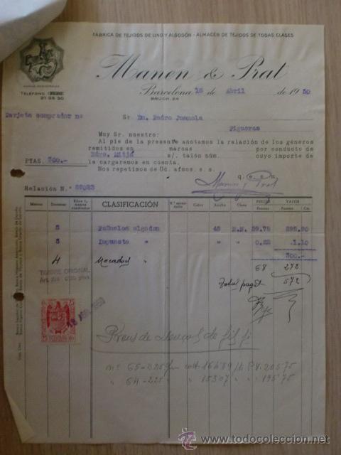 Factures anciennes: FACTURA. BARCELONA. ABRIL 1950. MANEN Y PRAT. FABRICA DE TEJIDOS DE LINO Y ALGODON.