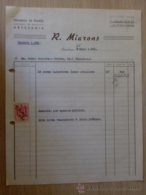 Factures anciennes: FACTURA. BARCELONA. MAYO 1950. R. MIARONS. GENEROS DE PUNTO DE ARTESANIA.