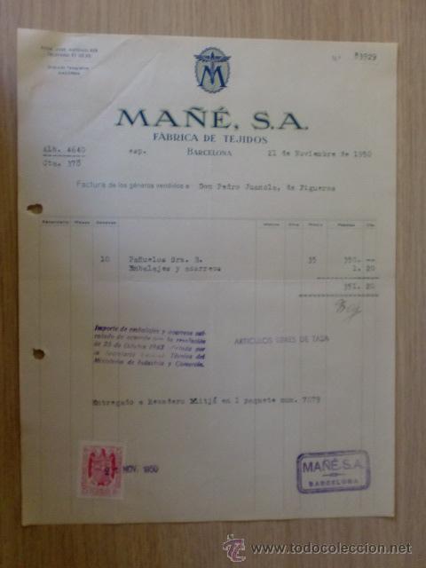 Factures anciennes: FACTURA. BARCELONA. NOVIEMBRE 1950. MA&Ntilde;E, S. A. FABRICA DE TEJIDOS.