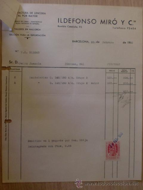 Factures anciennes: FACTURA. BARCELONA. FEBRERO 1950. ILDEFONSO MIRO Y CIA, MANUFACTURA DE LENCERIA AL POR MAYOR.