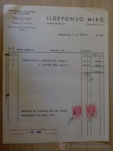Factures anciennes: FACTURA. BARCELONA. SEPTIEMBRE 1950. ILDEFONSO MIRO Y CIA, MANUFACTURA DE LENCERIA AL POR MAYOR.