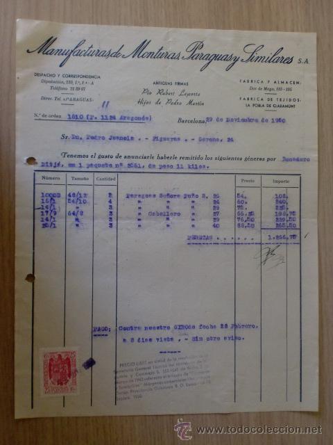 Factures anciennes: FACTURA. BARCELONA. NOVIEMBRE 1950. MANUFACTURAS DE MONTURAS, PARAGUAS Y SIMILARES, S. A.