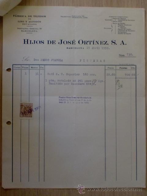 Factures anciennes: FACTURA. BARCELONA. ABRIL 1950. HIJOS DE JOSE ORTINEZ, S. A. FABRICA DE TEJIDOS DE LINO Y ALGODON.