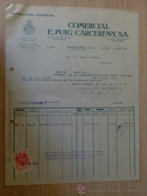 Factures anciennes: FACTURA. BARCELONA. MARZO 1950. COMERCIAL E. PUIG CARCERENY, S. A. TEJIDOS DE SEDA Y SUS MEZCLAS.