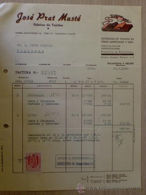 Fatture antiche: FACTURA. BARCELONA, VILLANUEVA Y GELTU. FEBRERO 1950. JOSE PRAT MUSTE. FABRICA DE TEJIDOS.