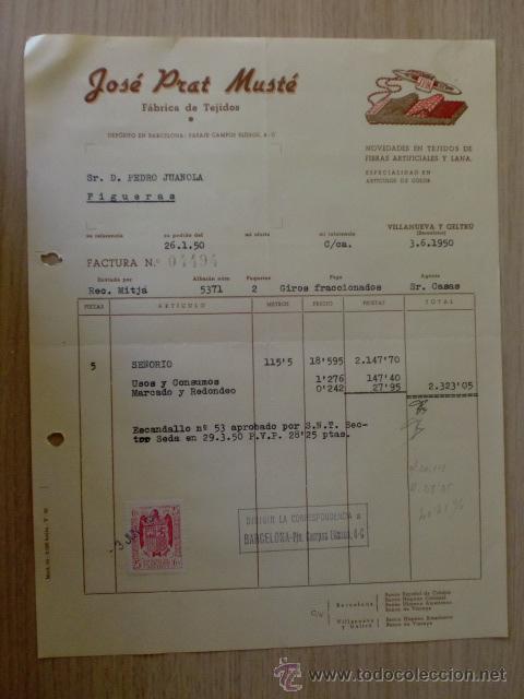 Fatture antiche: FACTURA. BARCELONA, VILLANUEVA Y GELTU. JUNIO 1950. JOSE PRAT MUSTE. FABRICA DE TEJIDOS.