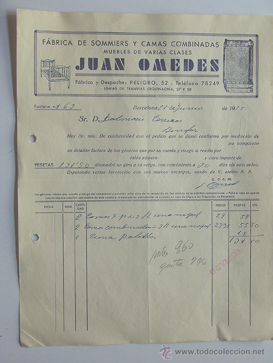Facturas antiguas: FACTURA FABRICA DE SOMMIERS Y CAMAS COMBINADAS / BARCELONA A&Ntilde;O 1935