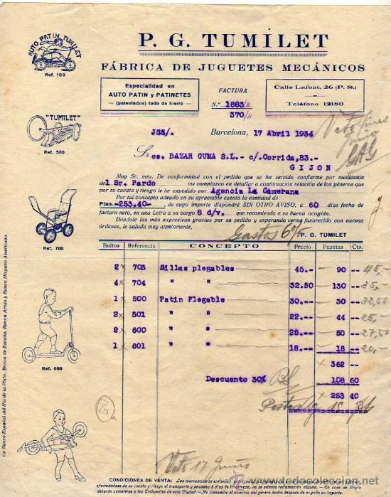 Facturas antiguas: Factura. P. G. Tumillet. F&aacute;brica de juguetes mec&aacute;nicos. Barcelona. 1934. Patinetes, patin.