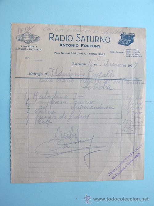 Facturas antiguas: FACTURA RADIO SATURNO / APARATOS Y MATERIAL DE T.S.H. BARCELONA A&Ntilde;O 1927