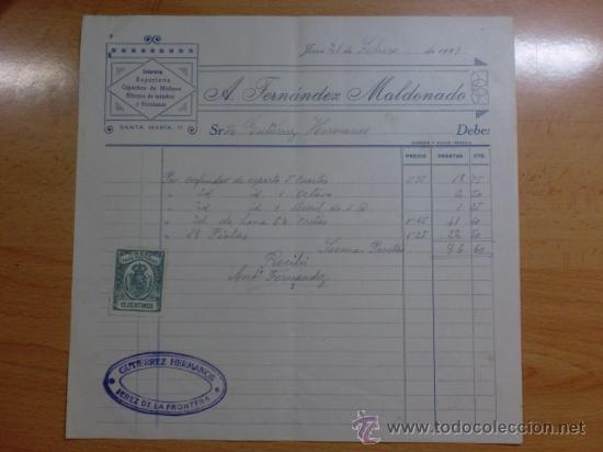Alte Rechnungen: FACTURA. JEREZ DE LA FRONTERA. FEBRERO 1929. A. FERNANDEZ MALDONADO. ESTERERIA, ESPARTERIA.