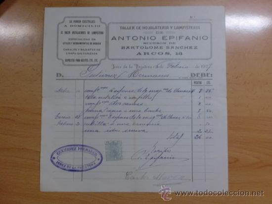 Alte Rechnungen: FACTURA. JEREZ DE LA FRONTERA. FEBRERO 1929. ANTONIO EPIFANIO CASAS. TALLER DE HOJATALERIA.