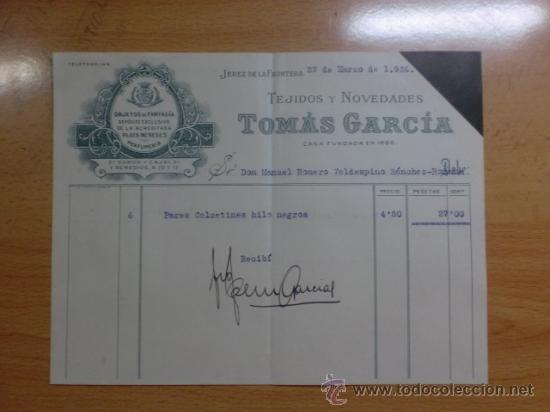 Alte Rechnungen: FACTURA. JEREZ DE LA FRONTERA. MARZO 1926. TOMAS GARCIA. TEJIDOS Y NOVEDADES.