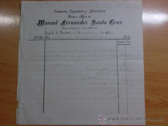 Alte Rechnungen: FACTURA. JEREZ DE LA FRONTERA. MARZO 1926. MANUEL FERNANDEZ SANTA CRUZ. ESTERERIA, ESPARTERIA.