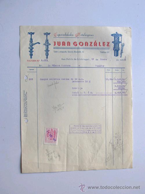 Facturas antiguas: SAN FELIU DE LLOBREGAT / FACTURA METALURGIA JUAN GONZALEZ / A&Ntilde;O 1951