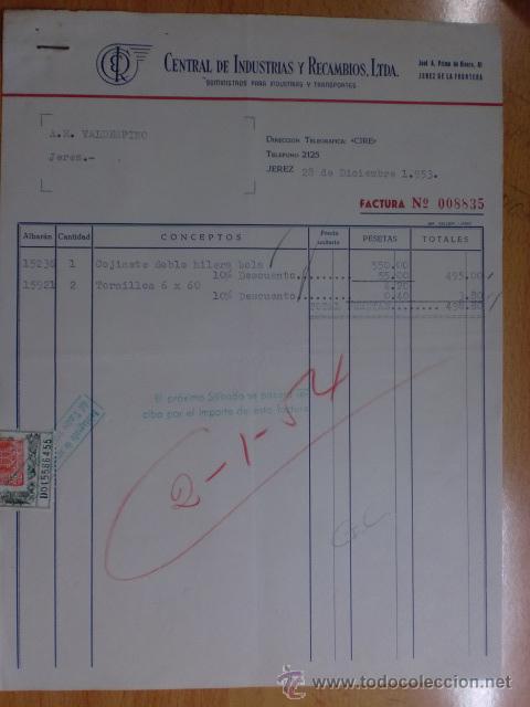 Facturas antiguas: FACTURA. JEREZ DE LA FRONTERA. DICIEMBRE 1953. CENTRAL DE INDUSTRIAS Y RECAMBIOS, LTDA.