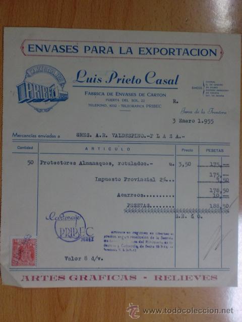 Facturas antiguas: FACTURA. JEREZ DE LA FRONTERA. ENERO 1955. LUIS PRIETO CASAL. ENVASES PARA LA EXPORTACION.