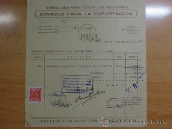 Facturas antiguas: FACTURA. JEREZ DE LA FRONTERA. NOVIEMBRE 1955. CARTONAJES PRIBEC. ENVASES PARA LA EXPORTACION.