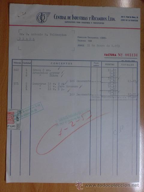 Facturas antiguas: FACTURA. JEREZ DE LA FRONTERA. ENERO 1953. CENTRAL DE INDUSTRIAS Y RECAMBIOS. LTDA.